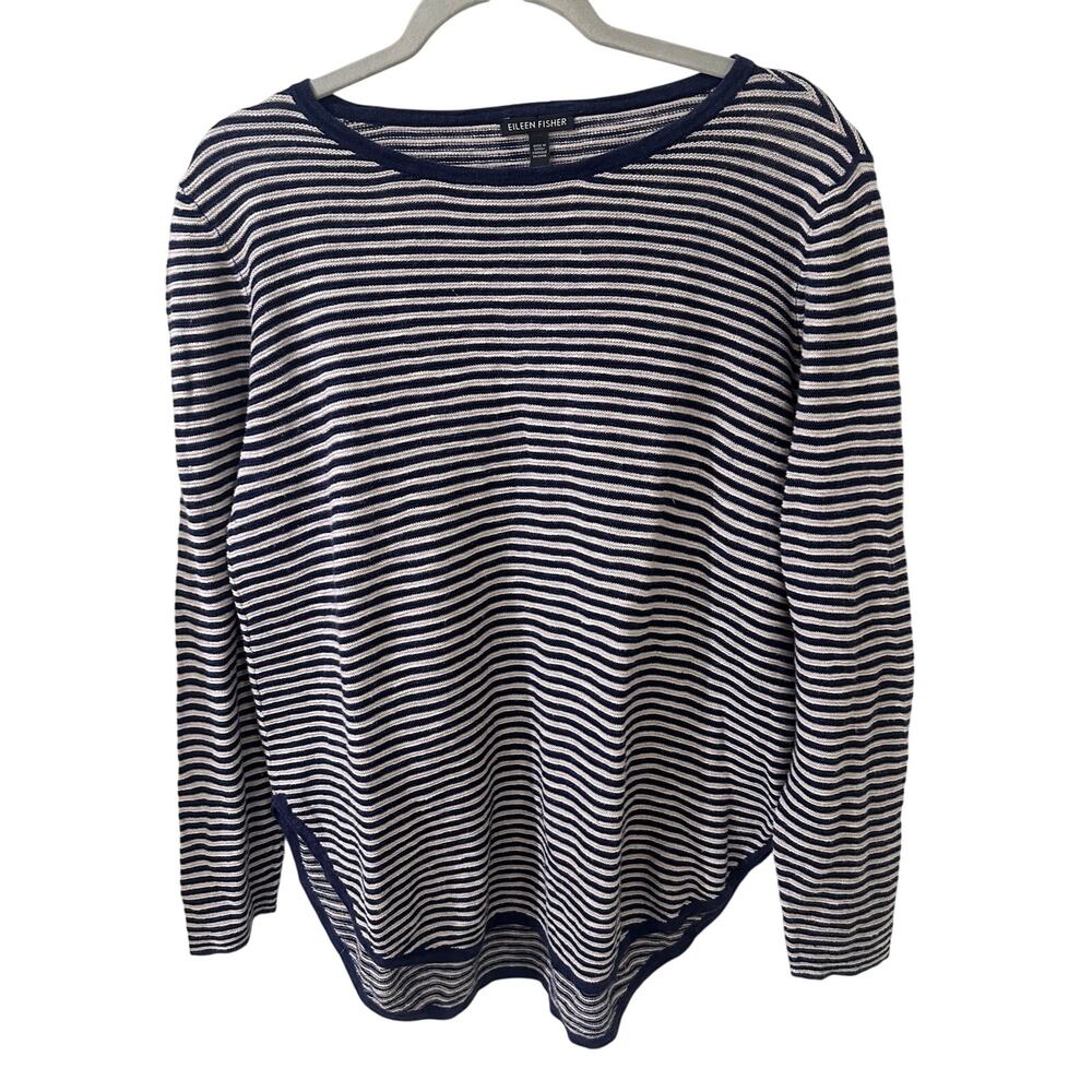 Eileen Fisher Organic Linen Cotton Striped Slub Knit Sweater Navy White R17OMH M - Picture 2 of 6